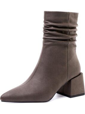 Women's Brown Pebbled Ankle Boot Chunky Block Heel Mid-Calf Booties Slouchy